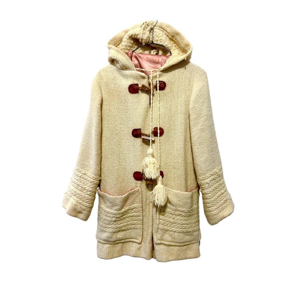Vintage 70s Wool Woven Coat Beige/Pale Yellow Wood Toggles Hood Tooled Leather S